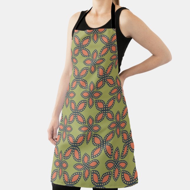 Retro Green and Orange Abstract Floral Pattern Apron (Insitu)