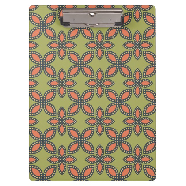 Retro Green and Orange Abstract Floral Pattern Clipboard (Front)