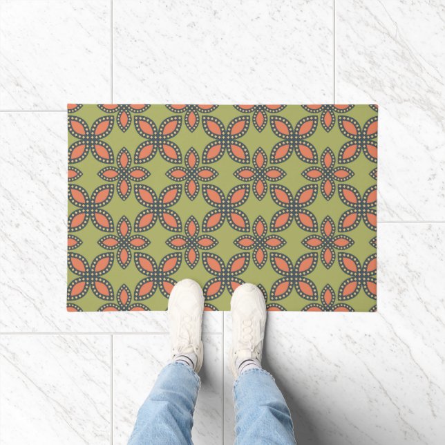 Retro Green and Orange Abstract Floral Pattern Doormat (Indoor)