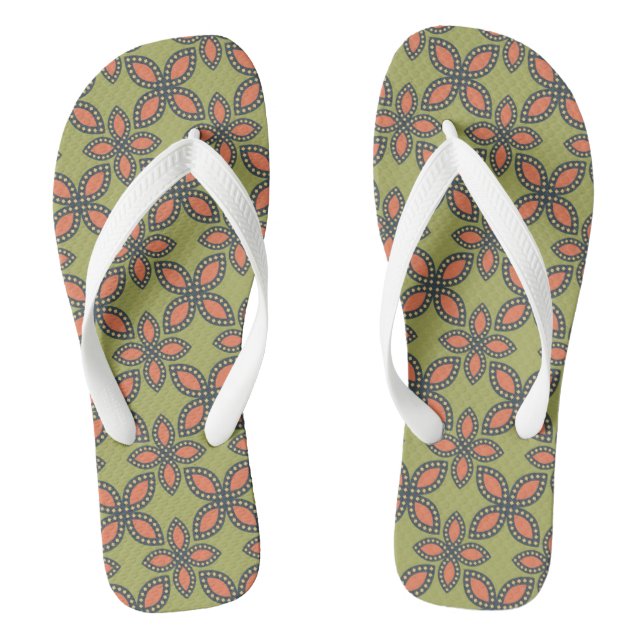 Retro Green and Orange Abstract Floral Pattern Flip Flops (Footbed)