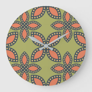 Retro Green and Orange Abstract Floral Pattern Large Clock