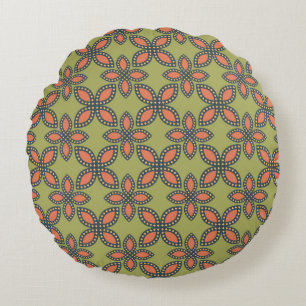 Retro Green and Orange Abstract Floral Pattern Round Cushion