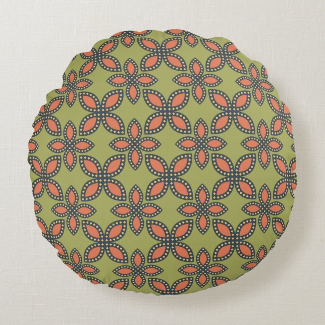 Retro Green and Orange Abstract Floral Pattern Round Cushion (Front)
