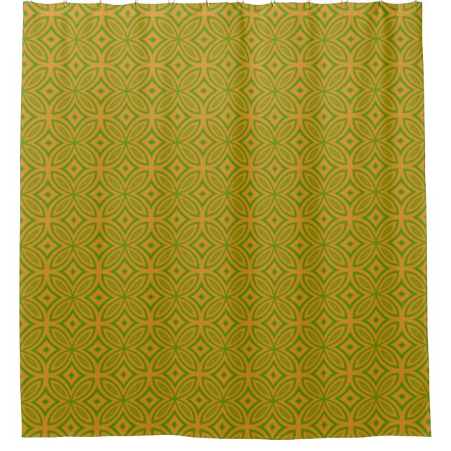 Retro green and orange abstract geometric pattern shower curtain (Front)