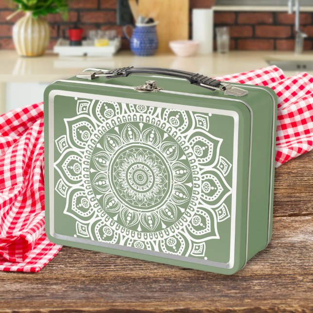 Retro Green And White Mandala Art Print Metal Lunch Box ( Discover our unique metal lunch boxes - featuring outstanding ethnic, mandala-inspired artwork )