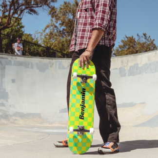 Retro Green and Yellow Chequerboard Skateboard