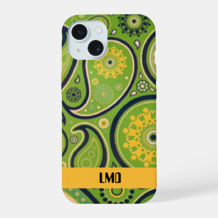 Retro Green and Yellow Paisley Design iPhone 15 Case