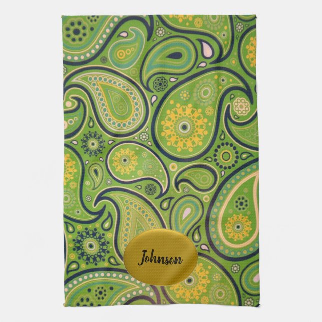 Retro Green and Yellow Paisley Design Tea Towel (Vertical)