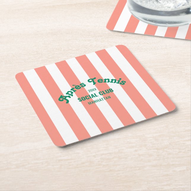Retro Green Après Tennis Social Club Pink Stripe  Square Paper Coaster (Angled)