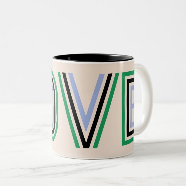 Retro Green Black Blue Tennis Score Love Two-Tone Coffee Mug (Front Right)
