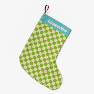 Retro Green Blue Chequerboard Personalised Name Small Christmas Stocking