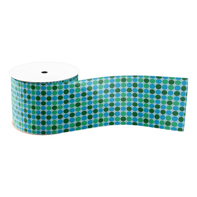 Retro Green Blue Turquoise Dots Geometric Pattern Grosgrain Ribbon (Spool)