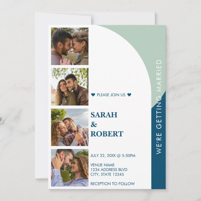 Retro Green Blue White Photo Booth Collage Wedding Invitation (Front)