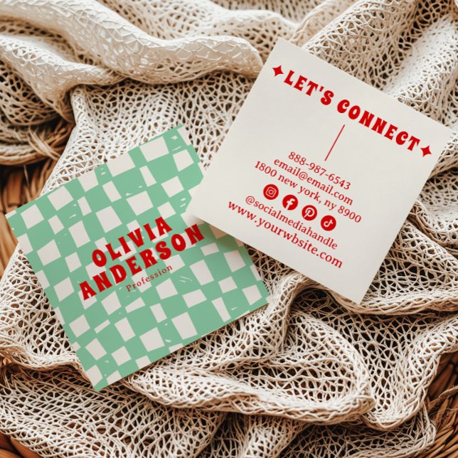 Retro Green Bold 70's Groovy Chequered Trendy Fun Square Business Card (Creator Uploaded)