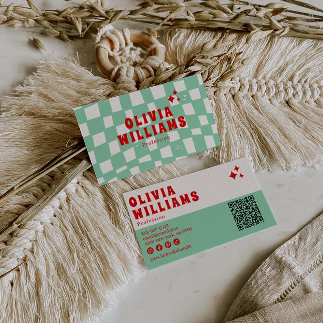 Retro Green Bold Groovy Chequered Funky QR Code Business Card (Creator Uploaded)