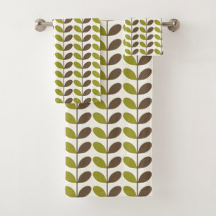 Retro Green Brown Leaf Pattern Bath Towel Set