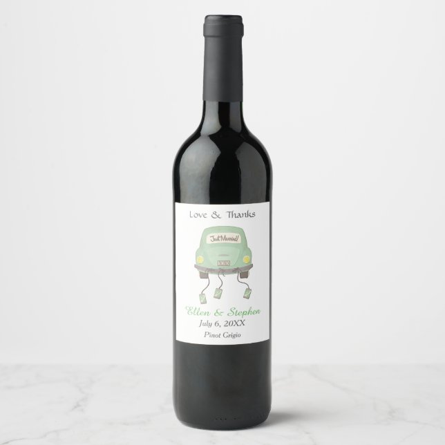 Retro Green Car Just Married Wedding Wine Label (Front)
