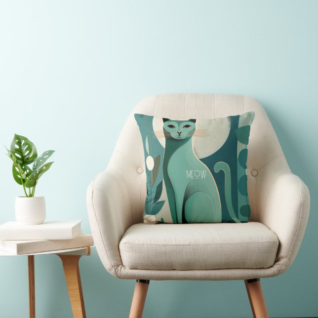 Retro Green Cat Print Cushion (Chair)
