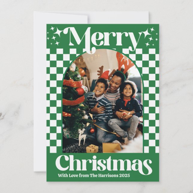 Retro Green Checkerboard Christmas Flat Card (Front)