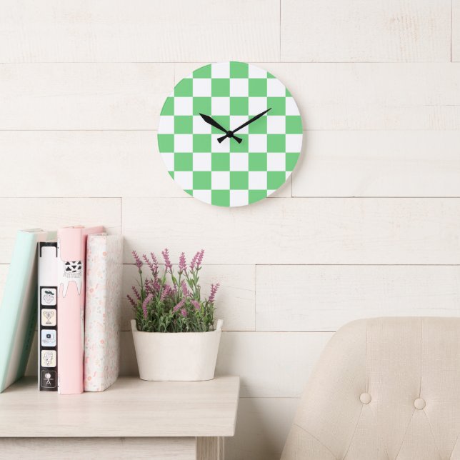 Retro Green Chessboard Chequerboard Tile Y2K  Large Clock (Reading Room)
