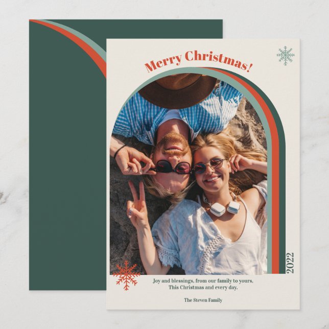 Retro green Christmas arch photo snowflake Holiday Card (Front/Back)