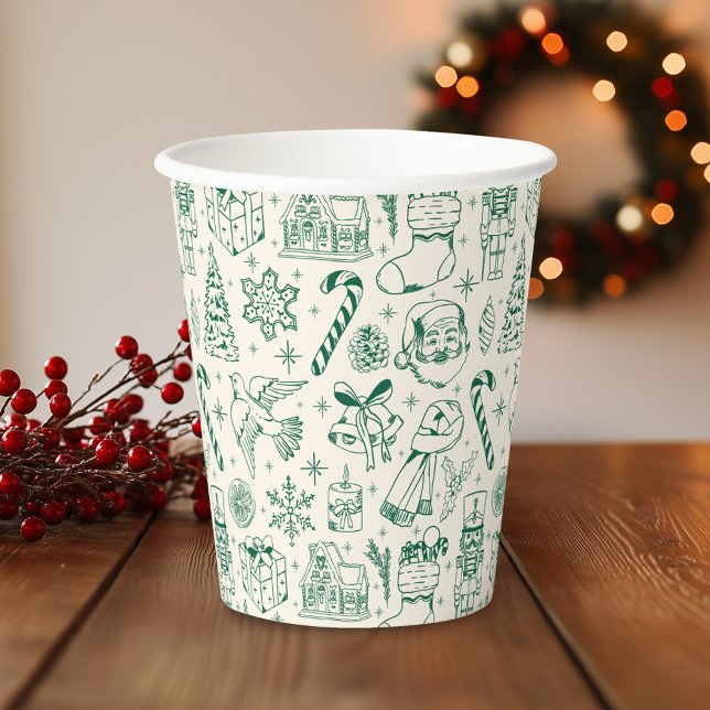 Retro Green Christmas Doodle Paper Cups (Creator Uploaded)