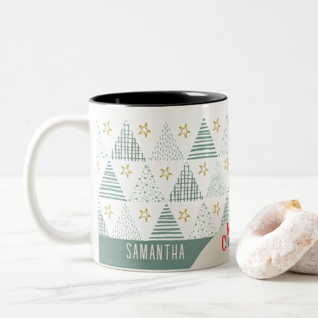 Retro Green Christmas Star Modern Abstract Unique Two-Tone Coffee Mug (With Donut)