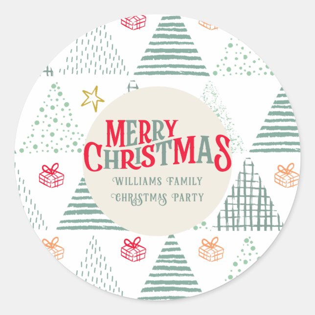 Retro Green Christmas Trees Modern Abstract Unique Classic Round Sticker (Front)