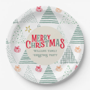 Retro Green Christmas Trees Modern Abstract Unique Paper Plate