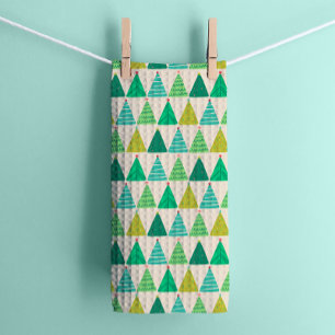 Retro Green Christmas Trees on Cream Tea Towel
