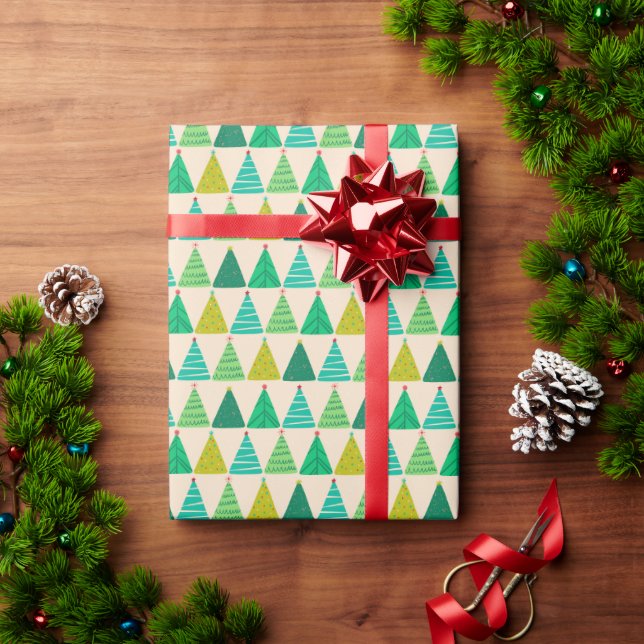 Retro Green Christmas Trees on Cream Wrapping Paper (Holiday Gift)