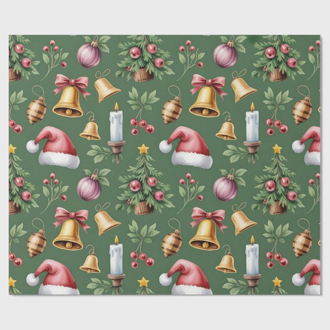 Retro Green Christmas Wrapping Paper (Flat)