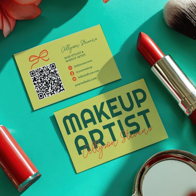 Retro Green Citrus Makeup Artist QR Code Business Card (Retro Green Citrus Makeup Artist QR Code Business Card)