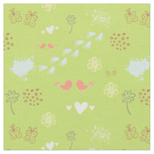 Retro green colourful pattern of birds, dots, foot fabric