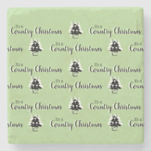 Retro Green Country Christmas Trees Stone Coaster