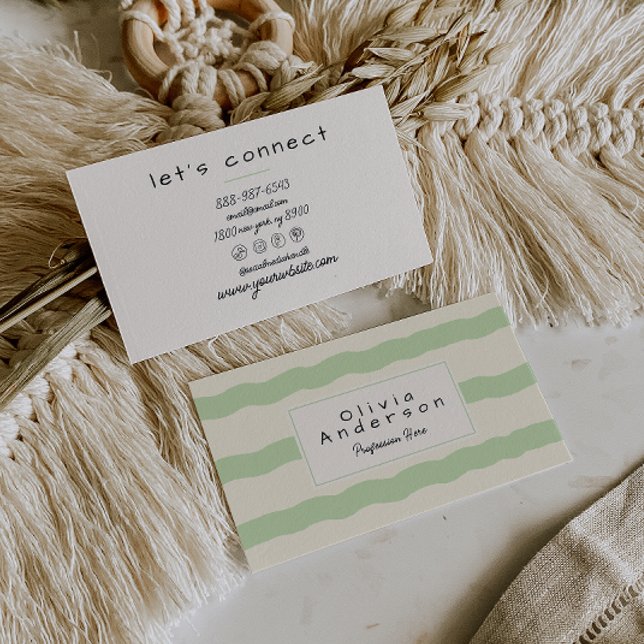 Retro Green Cream Wavy Stripes Trendy Boho  Business Card (Creator Uploaded)