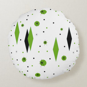 Retro Green Diamond & Starburst Round Throw Pillow