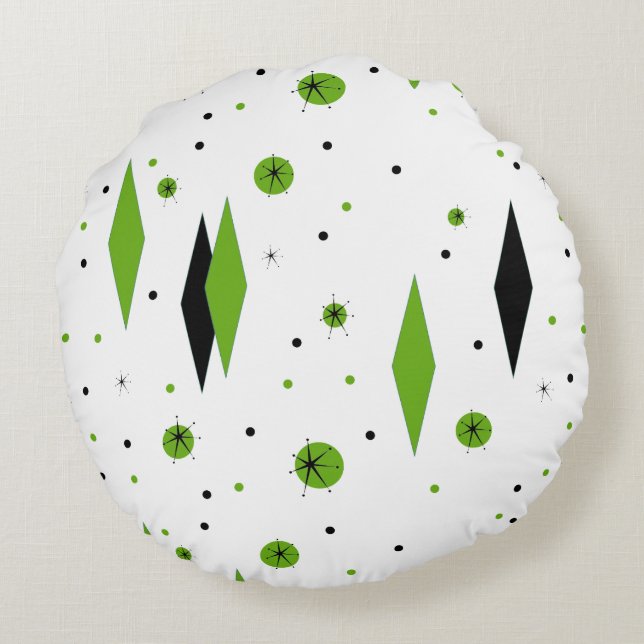 Retro Green Diamond & Starburst Round Throw Pillow (Back)