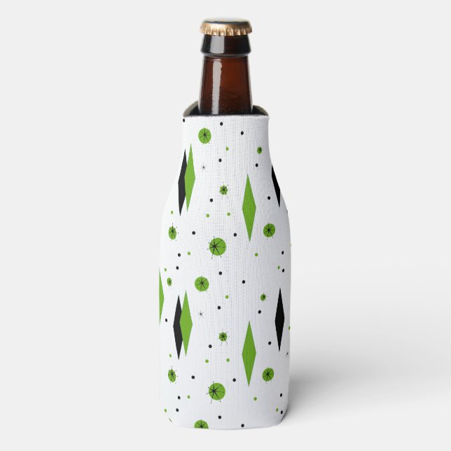 Retro Green Diamonds & Starbursts Bottle Cooler (Bottle Front)
