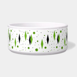 Retro Green Diamonds & Starbursts Ceramic Dog Bowl