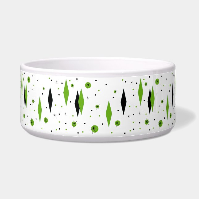 Retro Green Diamonds & Starbursts Ceramic Dog Bowl (Front)