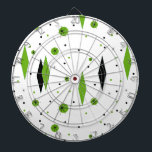 Retro Green Diamonds & Starbursts Dart Board<br><div class="desc">This customisable Retro Green Diamonds and Starbursts Dart Board is a new take on a vintage style. It features kitschy, black starbursts on green polka dots, surrounding geometric, green and black diamond shapes. Customise the background colour on this mid century modern product if you're feeling daring, or leave it white...</div>