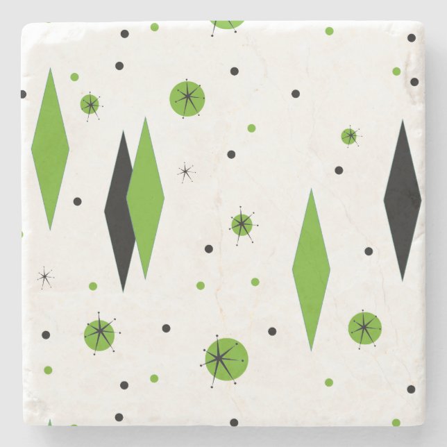 Retro Green Diamonds & Starbursts Mable Coaster (Front)