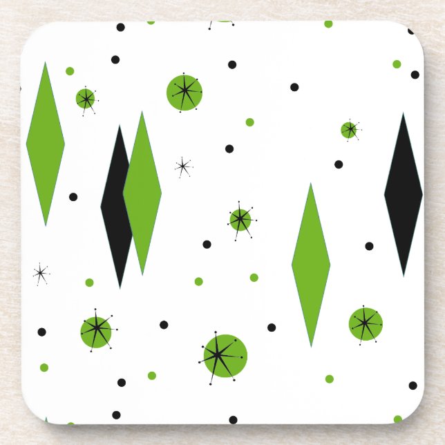 Retro Green Diamonds & Starbursts Plastic Coasters (Front)