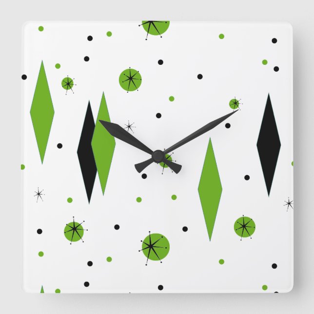 Retro Green Diamonds & Starbursts Wall Clock (Front)