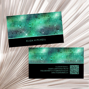 Retro Green Disco Ball Mirror   QR Code Business Card