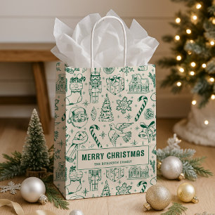 Retro Green Doodle Merry Christmas Medium Gift Bag