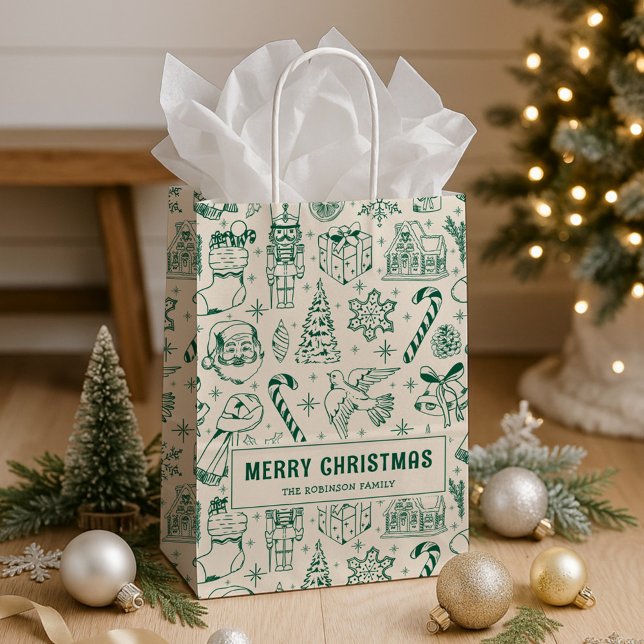Retro Green Doodle Merry Christmas Medium Gift Bag (Creator Uploaded)