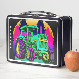 Retro Green Farm Tractor Metal Lunch Box