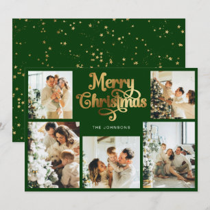 Retro Green Faux Gold Merry Christmas Family Photo Holiday Card